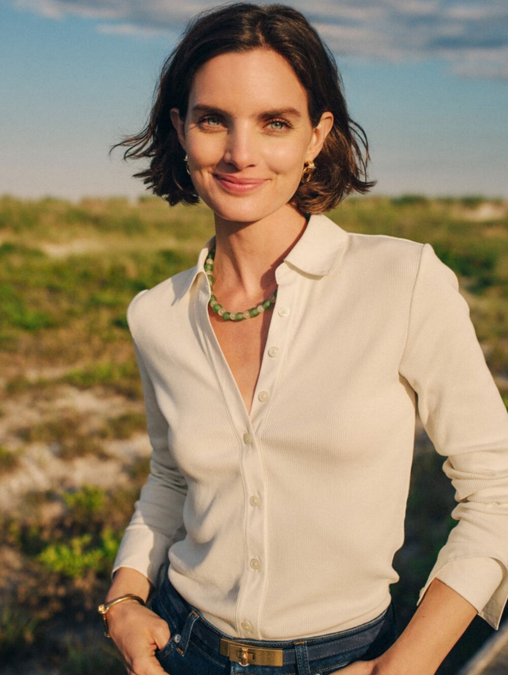 J. McLaughlin Theodora Shirt Long Sleeve Collared Ribbed Small Ivory Button Down